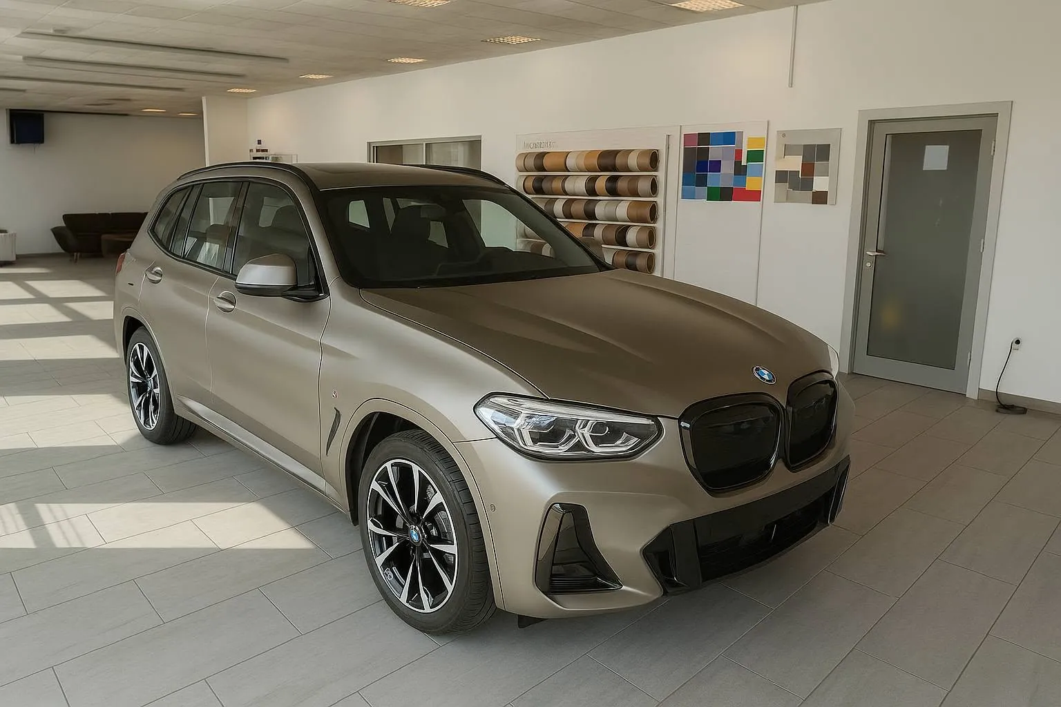 BMW iX3 folieret i satin i værkstedet